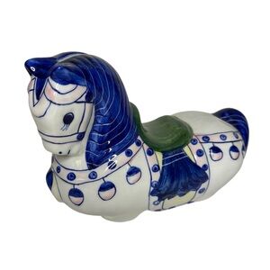 Vintage Blue & White Horse Coin Piggy Bank